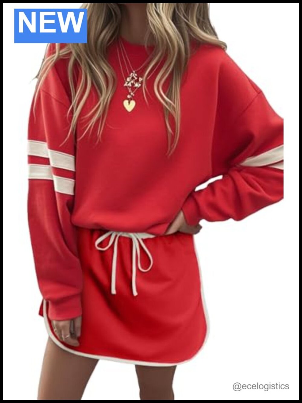 Women's Varsity Stripe Two Piece Skirt Set Drop Shoulder Pullover Casual Lounge